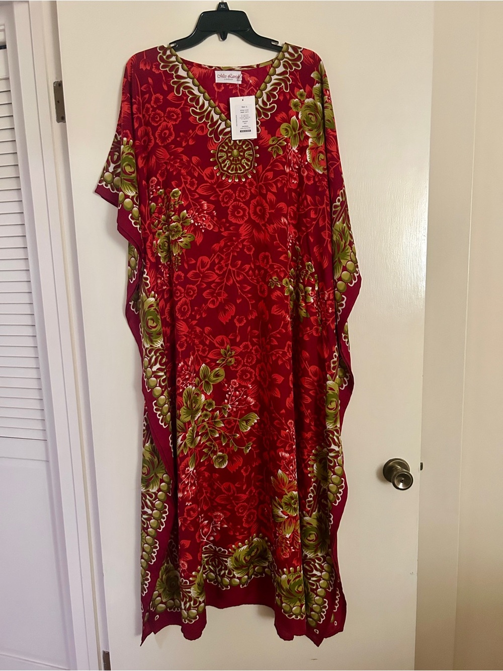 NWT Red Maxi Caftan Dress with Olive Floral Accents
